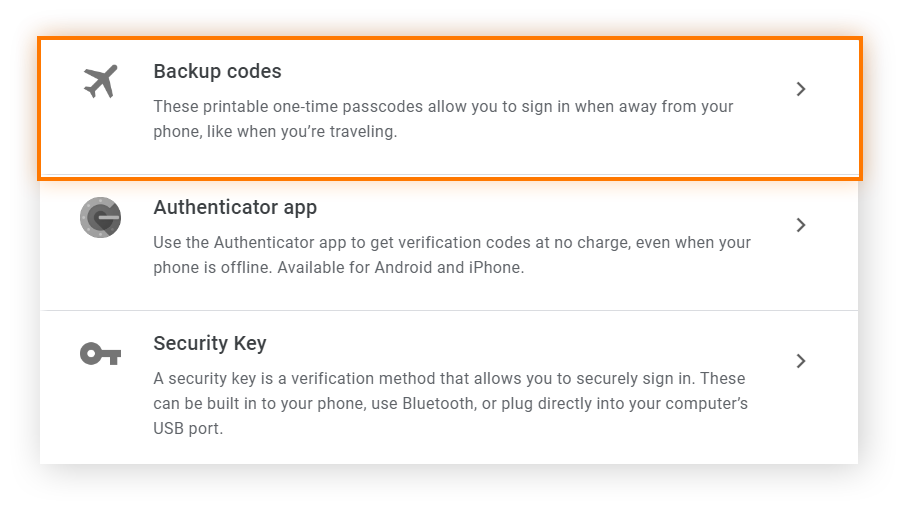 Google 帐户双步骤验证部分的安全选项