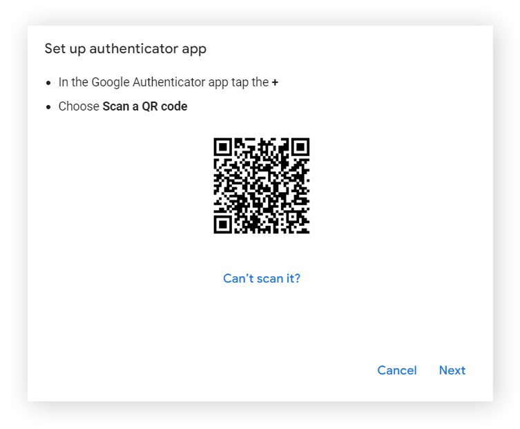 设置 Google Authenticator 的 QR 码屏幕