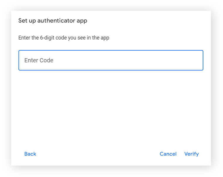 输入 Google Authenticator 应用中的代码的屏幕